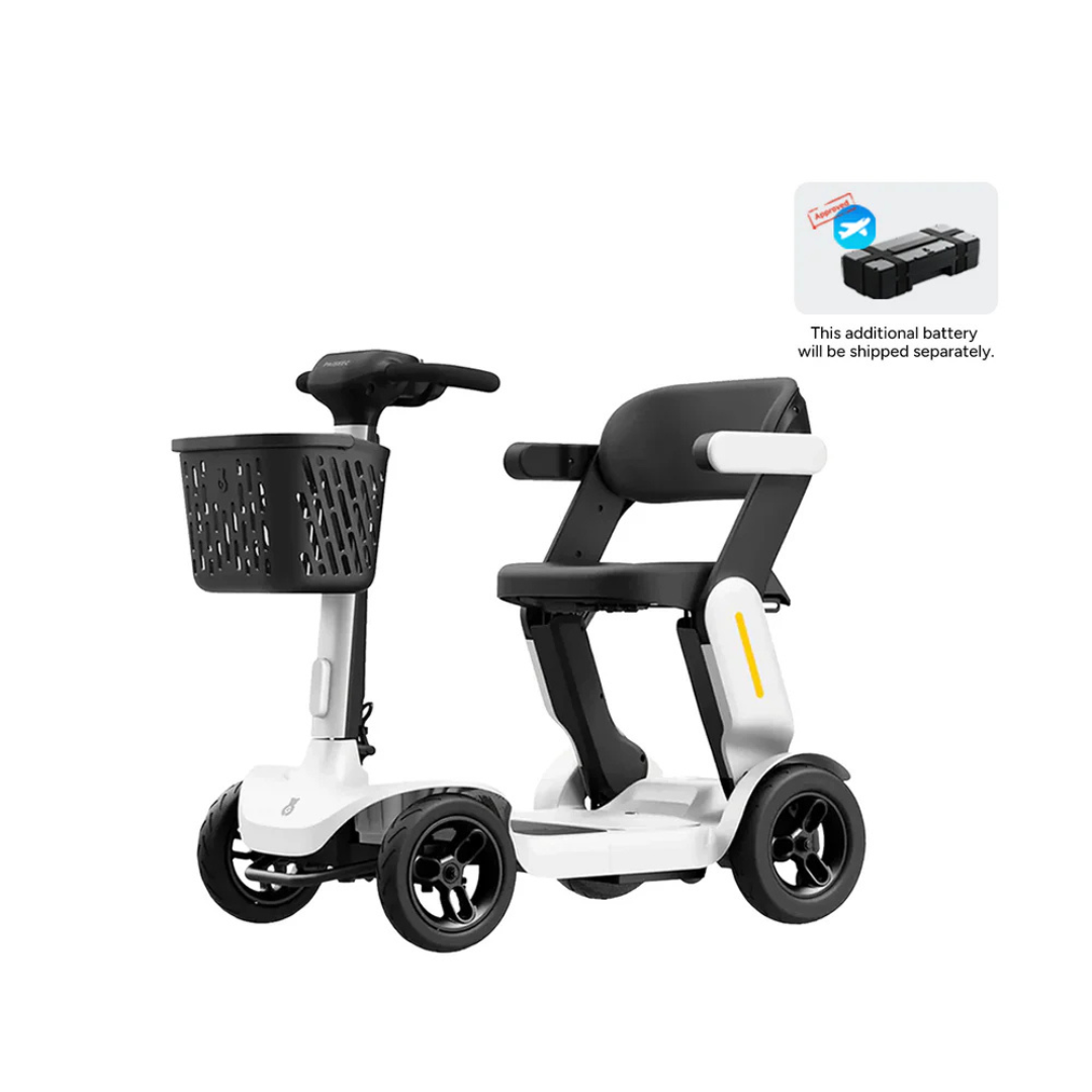 The Paiseec S3 Portable Mobility Scooter with Smart PAI Safety System features a compact white and black design, a cushioned seat, and a front basket. Note: Battery ships separately.